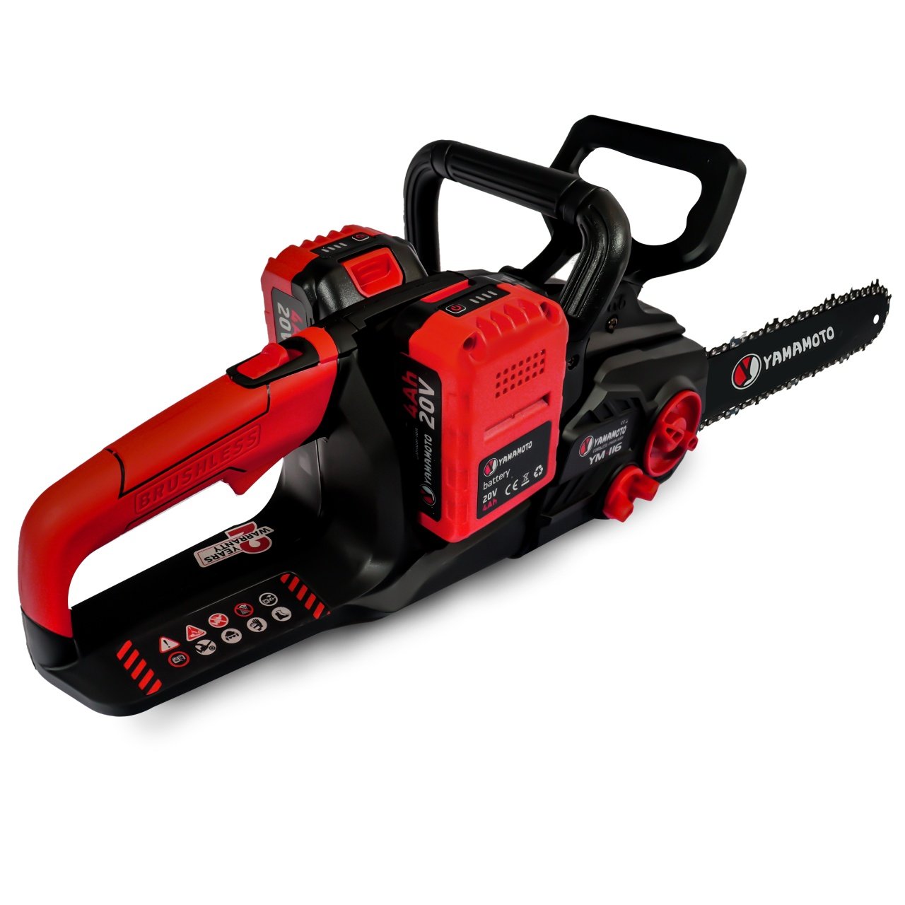 Drujbă electrică Yamamoto cu acumulator 20V și lamă 14 inch vedere spate