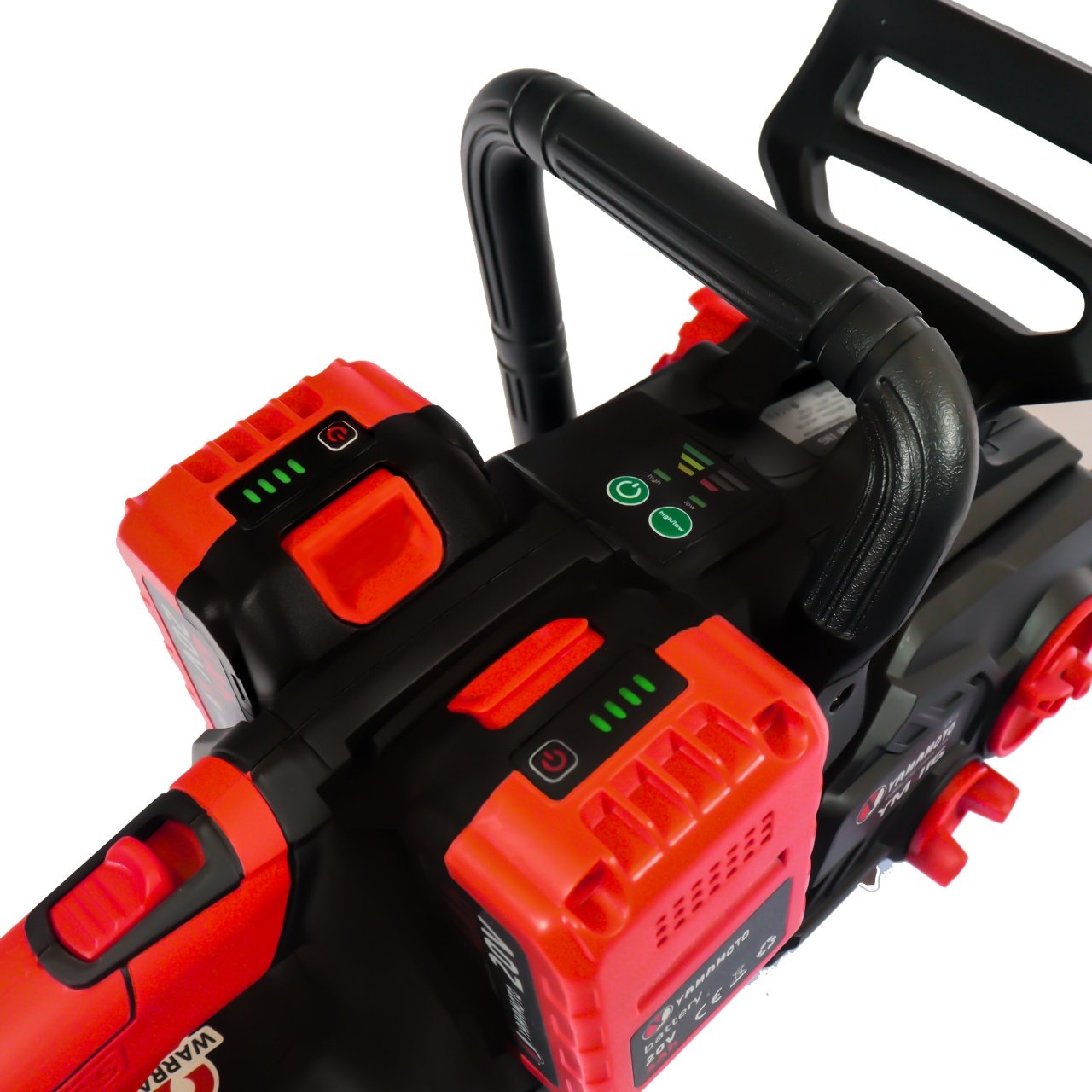Drujbă electrică Yamamoto cu acumulator 20V și lamă 14 inch detaliu butoane